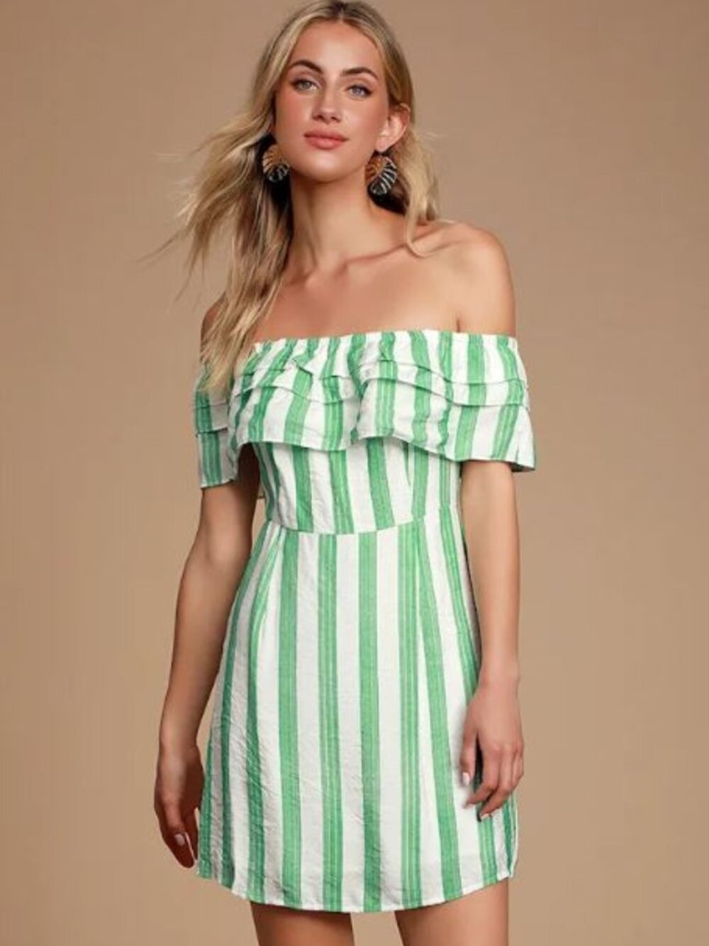 Lulus White Green Striped Off-the-Shoulder Mini Dress, Size L